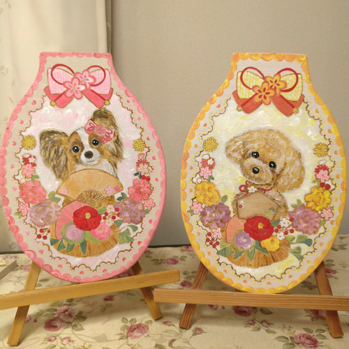 トールペイントハンドメイド☆トイプードル 黄色絵馬正月リース 犬