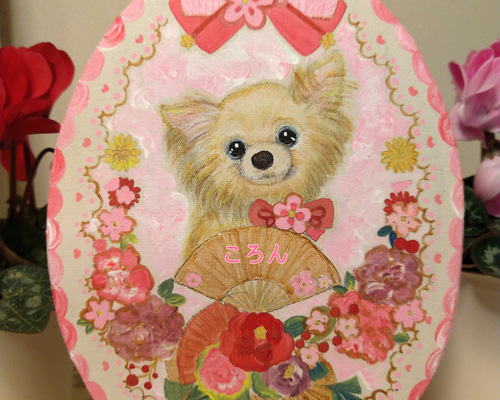 トールペイント作品　チワワのハロウィン トールペイントハンドメイド☆チワワ ピンク扇子正月リース 犬