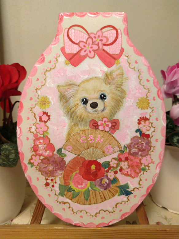 トールペイントハンドメイド☆チワワ ピンク扇子正月リース 犬