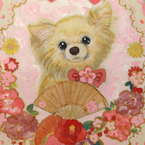 トールペイントハンドメイド☆チワワ ピンク扇子正月リース 犬