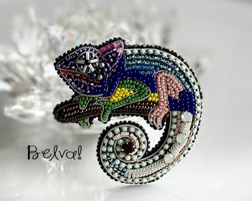 キラキラ☆　カエル　カメレオン　立体ビーズ刺繍　ブローチ　チャーム 1_c2b9cb6a28ab7be77f57f83f58f1