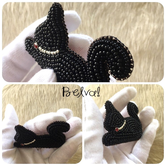 ビーズ刺繍のブローチ-黒猫-black cat 1枚目の画像