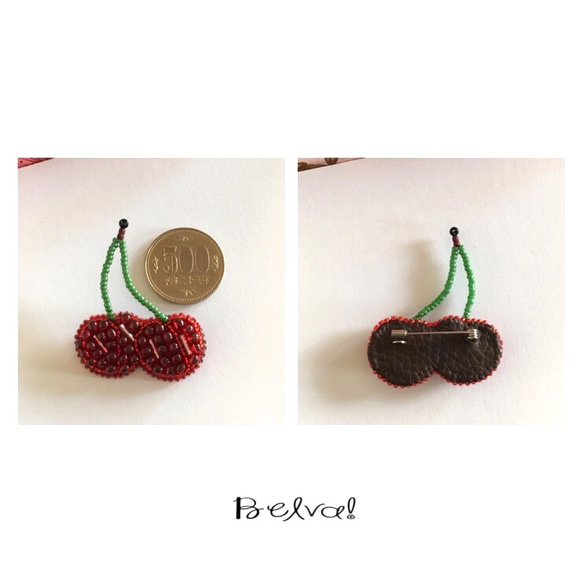 ビーズ刺繍 -さくらんぼのブローチ(小)-cherry 3枚目の画像