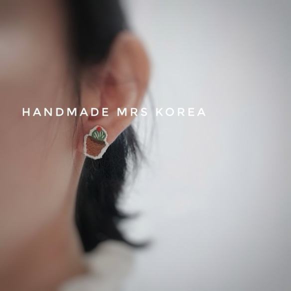 Little Cactus❥Earrings/手刺繍/925純銀製/韓国製 3枚目の画像
