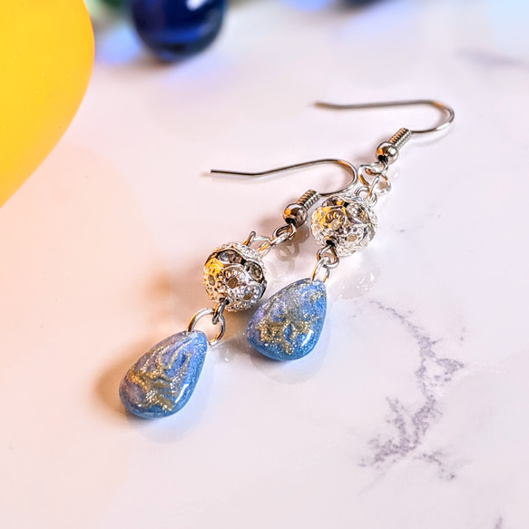 シルバーボール小ぶり雫ブルーこゆりカラーレジンピアス ピアス