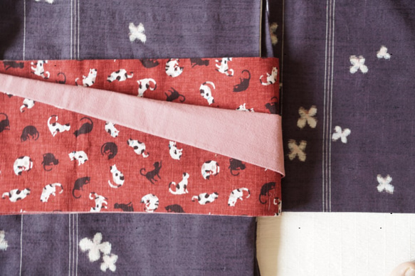 SALE!! 半幅帯・三毛猫渋赤×ピンク 3枚目の画像
