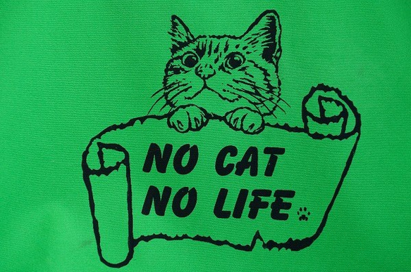 「NO CAT,NO LIFE」大トートバッグ 　グリーン 3枚目の画像