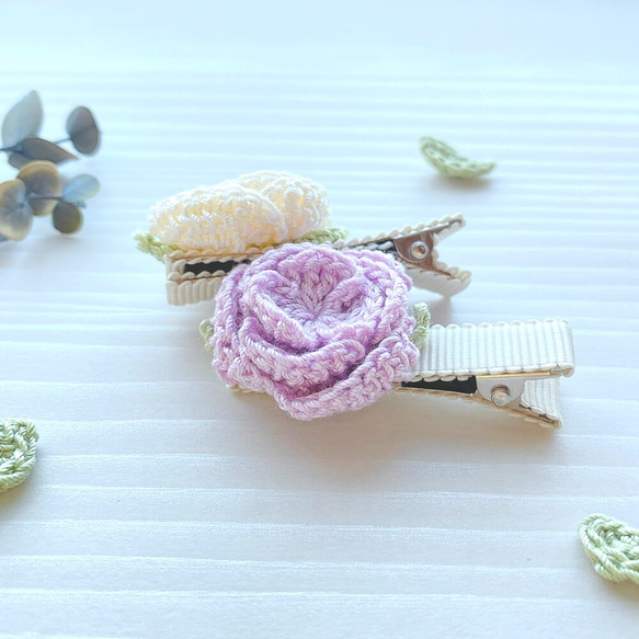 Flower かぎ針編み　お花のベビーヘアクリップ・赤ちゃんヘアピン2個 3枚目の画像