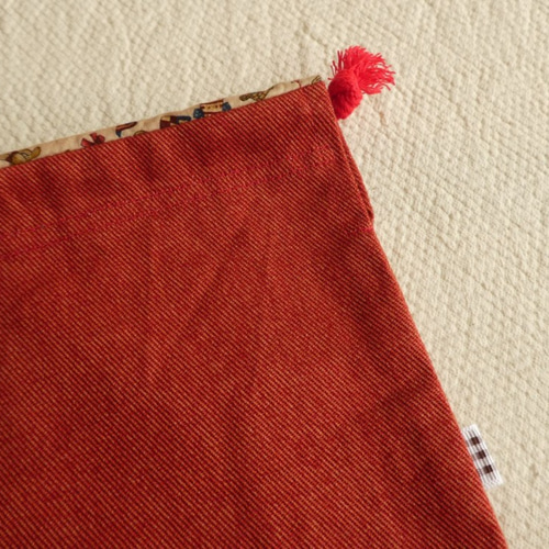 32×30 渋朱色×赤紐 クマ巾着大 女の子 その他入園グッズ nunon