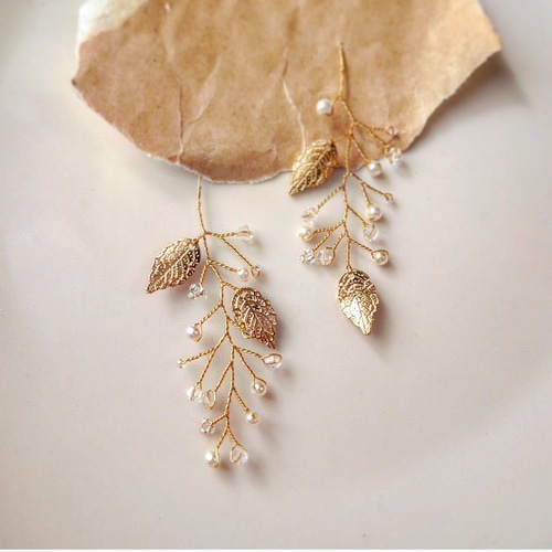 小枝アクセサリー 小枝イヤリング 小枝ピアス リーフ ゴールド