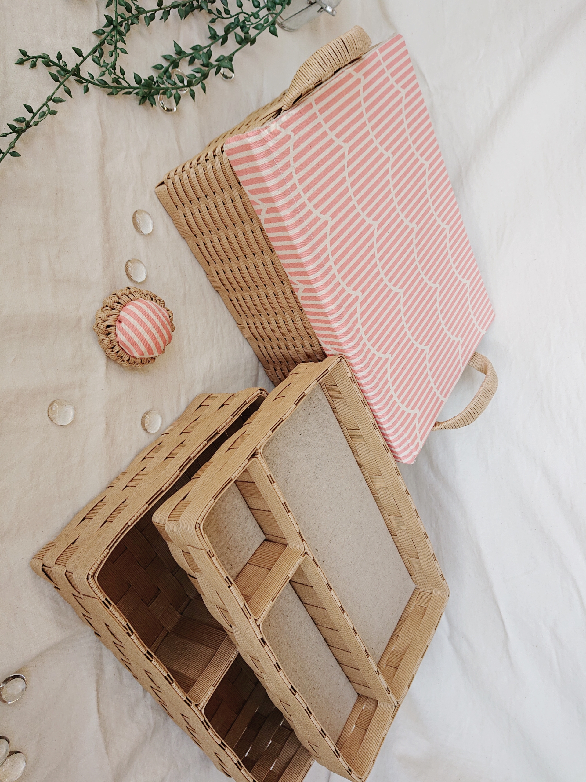 「受注製作」裁縫箱セット 【ラウンドボーダピンク】たちばさみ入るサイズ  ナチュラル クラフトバンド   メイクボックス