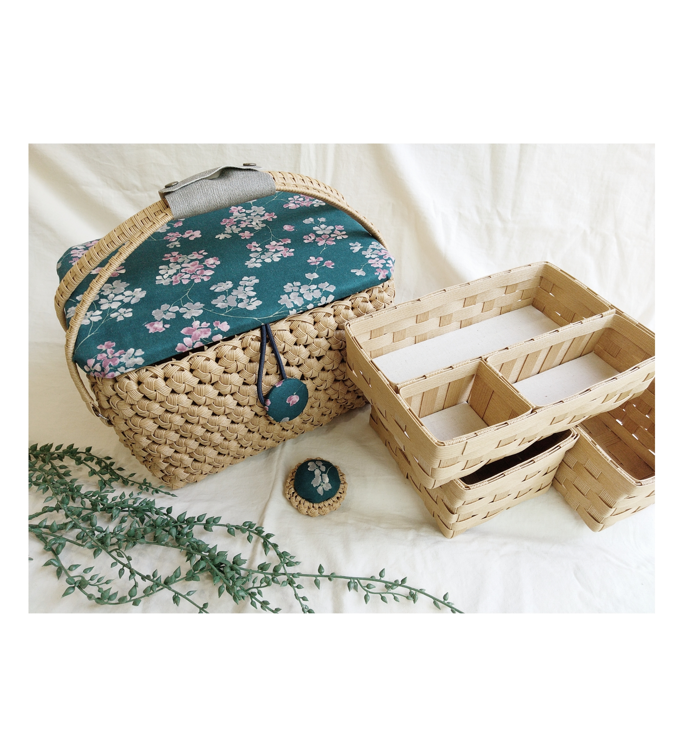 「受注製作」片手で持てる 花結び 裁縫箱 【サクラ ブルーグリーン】針刺し付き ナチュラル メイクボックス