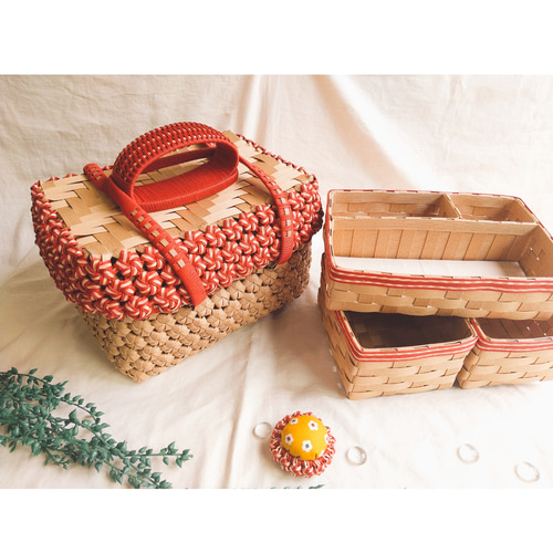 受注製作 バスケット型裁縫箱セット 【あんずバイカラー】ナチュラル