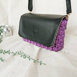 【クラフトバンド×レザー】かご製 ショルダーバッグ[紫]長財布入るサイズ ナチュラル かぶらない 3枚目の画像