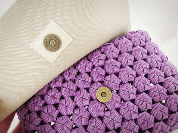 【クラフトバンド×レザー】かご製 ショルダーバッグ[紫]長財布入るサイズ ナチュラル かぶらない 6枚目の画像