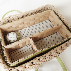 裁縫箱セット(緑×白ドット)ナチュラル クラフトバンド 針刺し付 見せる収納 バスケット型バイカラー 2枚目の画像