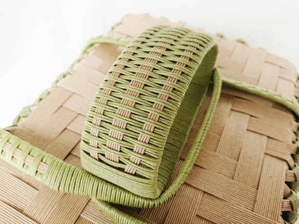 裁縫箱セット(緑×白ドット)ナチュラル クラフトバンド 針刺し付 見せる収納 バスケット型バイカラー 6枚目の画像