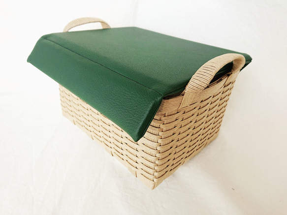 在庫処分 裁縫箱セット(緑×白ドット)ナチュラル クラフトバンド 針刺し付 見せる収納 シンプル 5枚目の画像