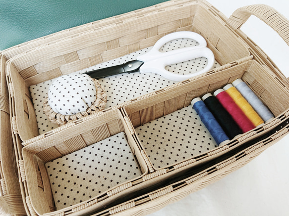 在庫処分 裁縫箱セット(緑×白ドット)ナチュラル クラフトバンド 針刺し付 見せる収納 シンプル 6枚目の画像