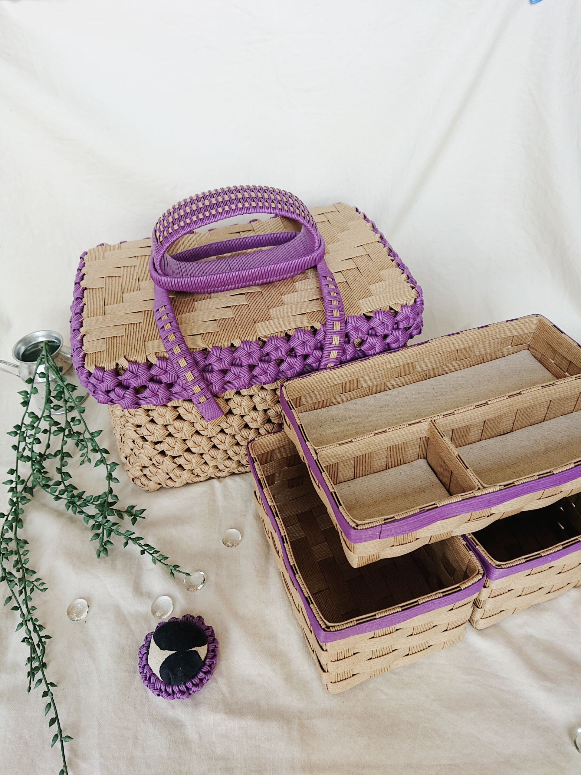 「受注製作」バスケット型 裁縫箱セット【紫×バイカラー】 見せる収納 ナチュラル化粧箱 母へプレゼント敬老の日