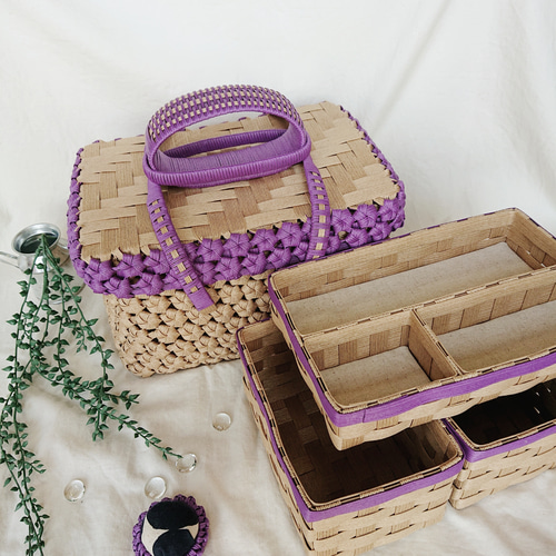 受注製作」バスケット型 裁縫箱セット【紫×バイカラー】 見せる収納