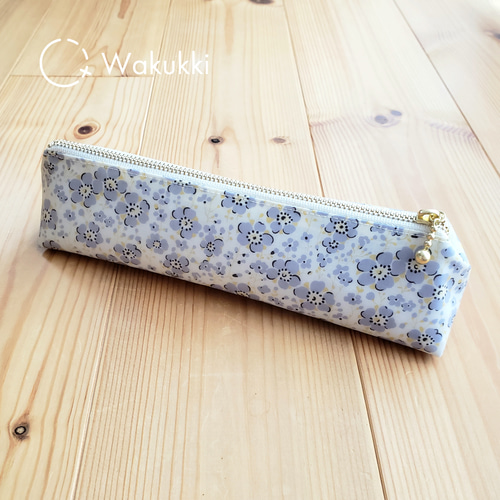 ブルーグレー花柄のシンプルスリムペンケース ペンケース Wakukki