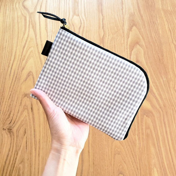 グレーギンガムチェックのL字ファスナーポーチ*フラットポーチ*\母子