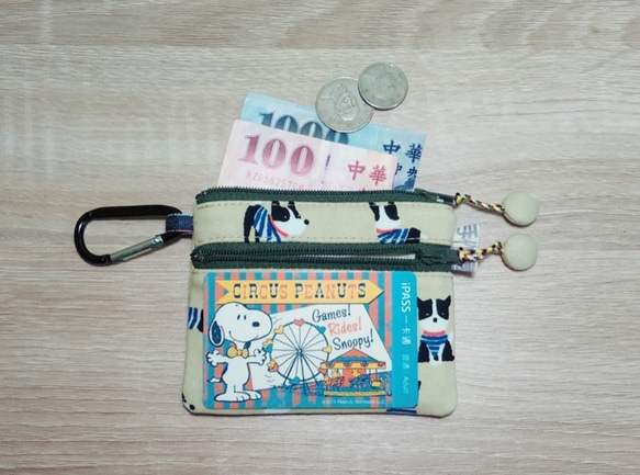 便利なポケット、アルミフック付きダブルファスナー財布 - フジマウンテンベア＆ウサギ（黒フック）*和布* 4枚目の画像