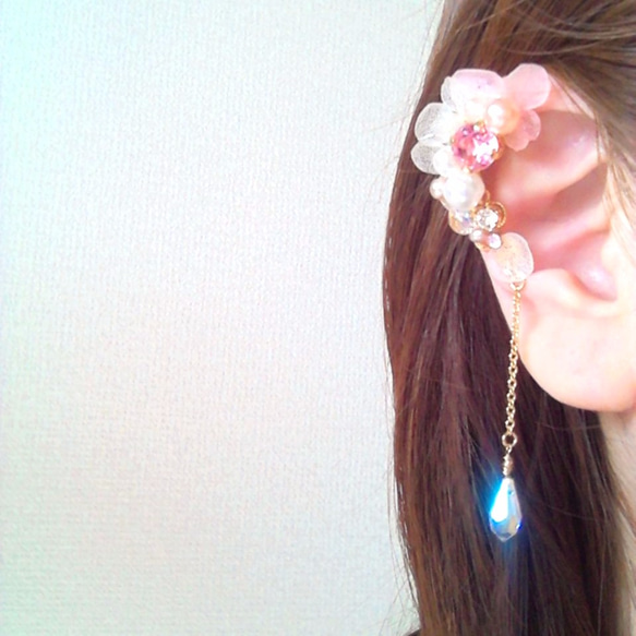 桜色紫陽花と朝露のear cuff 5枚目の画像