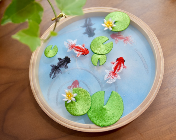 昭和レトロ刺繍絵、日本画 アート、木製 フレーム 金魚 昭和レトロ 木製 フレーム 金魚 デメキン 3匹 水彩画 日本画