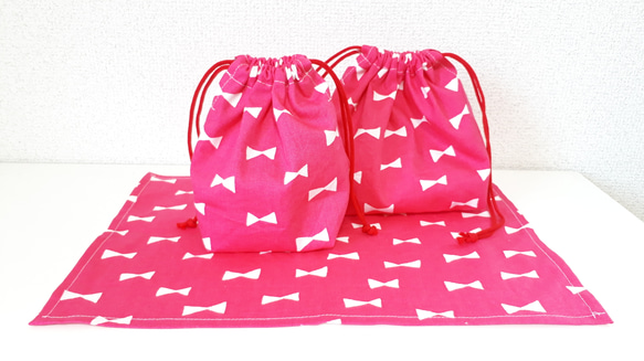 りぼんのお弁当&コップ袋、ランチマット☆ピンク 1枚目の画像