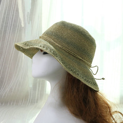 植物の緑 ストライプ 透かし編み模様の麦わら帽子[h014] 1枚目の画像