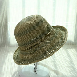 植物の緑 ストライプ 透かし編み模様の麦わら帽子[h014] 2枚目の画像