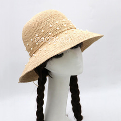 ☆超細目編み ビーズの飾り付け 手作りの麦わら帽子 3枚目の画像