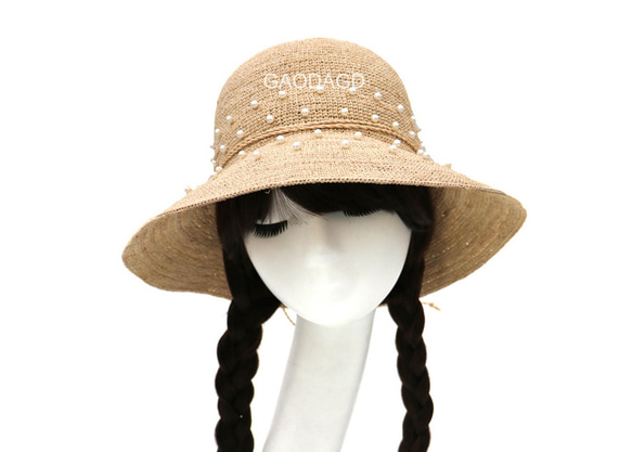 ☆超細目編み ビーズの飾り付け 手作りの麦わら帽子 4枚目の画像