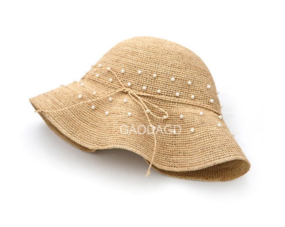 ☆超細目編み ビーズの飾り付け 手作りの麦わら帽子 5枚目の画像