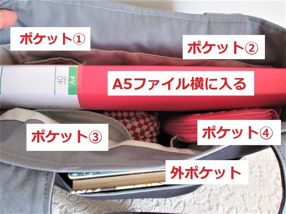 帆布の５ポケットA4ファイルが入るショルダーバッグ（濃紺×グレー）送料無料 4枚目の画像