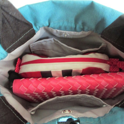 帆布の巾着型ミニトートバッグ（ブルーグリン色）「送料無料」 4枚目の画像
