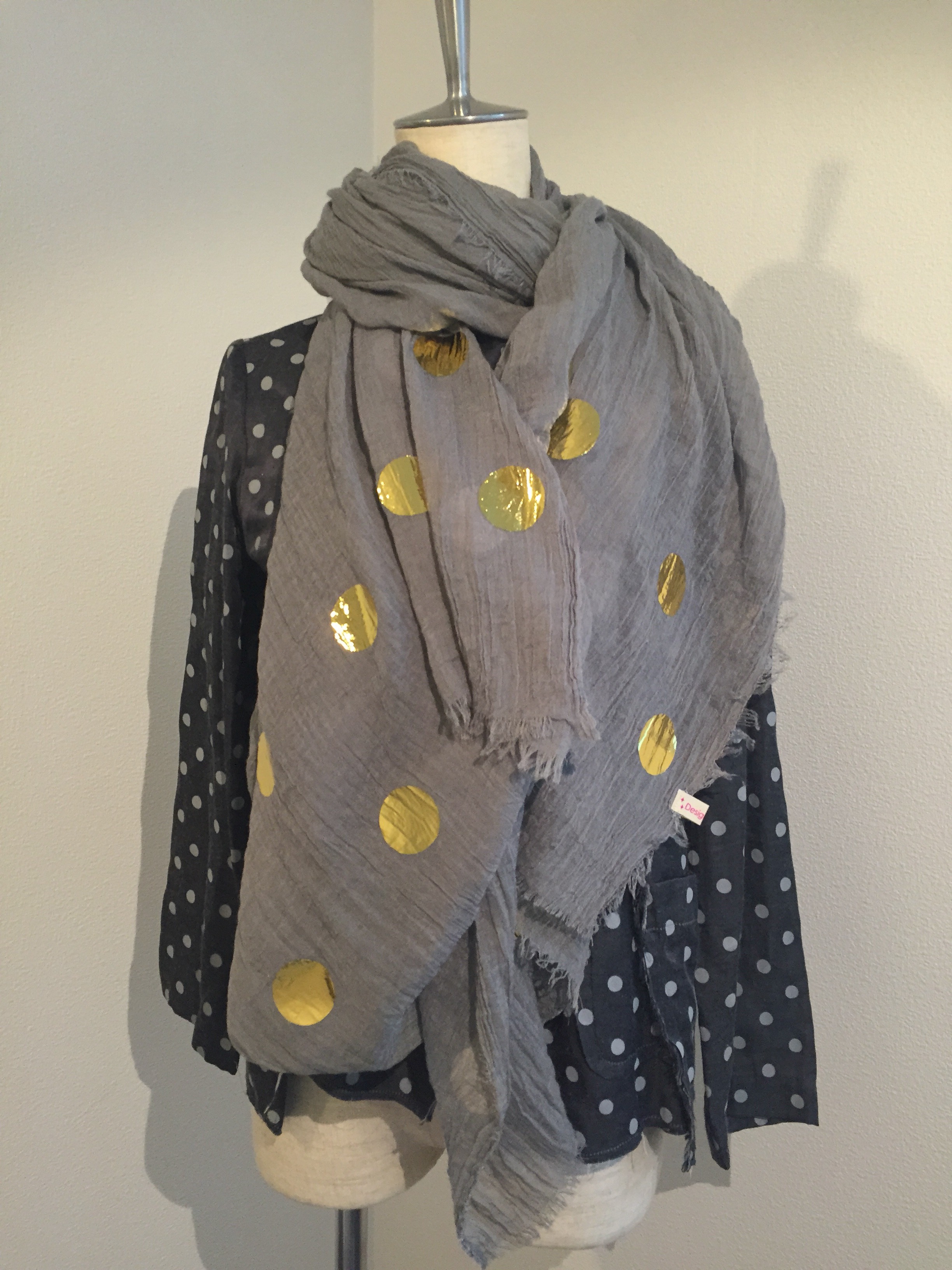 箔プリント綿麻ストール グレー×ゴールド