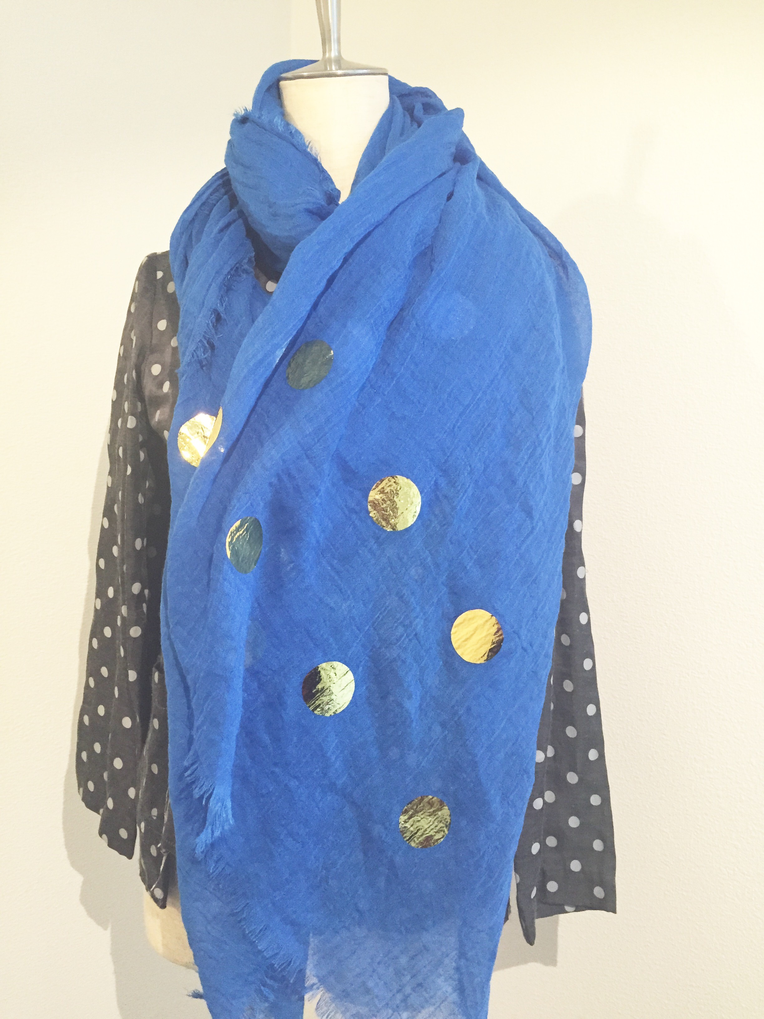 箔プリント綿麻ストール ブルー×ゴールド