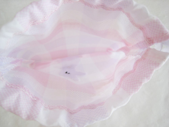 かわいい白うさぎのミニ巾着袋（ピンク・パープルチェック柄） 4枚目の画像