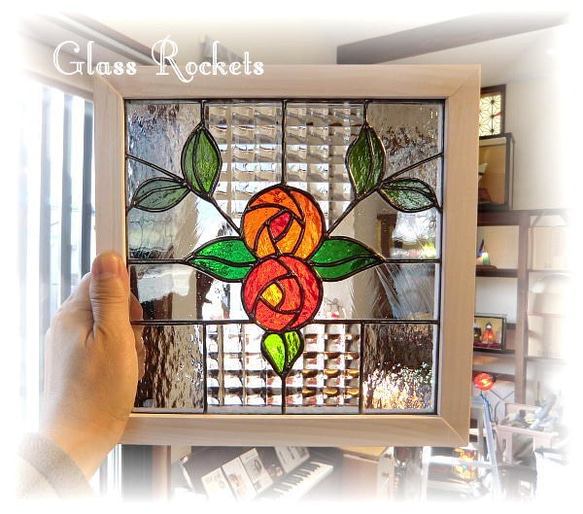 アンティークガラス　ステンドグラス パネル rose ローズ 2枚目の画像