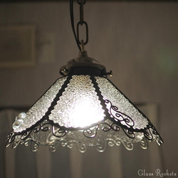 スカイブルーのペンダントライト、市松模様（白色ＬＥＤ電球付き、ステンドグラス） スカイブルーのペンダントライト、市松模様シリーズ4（白色