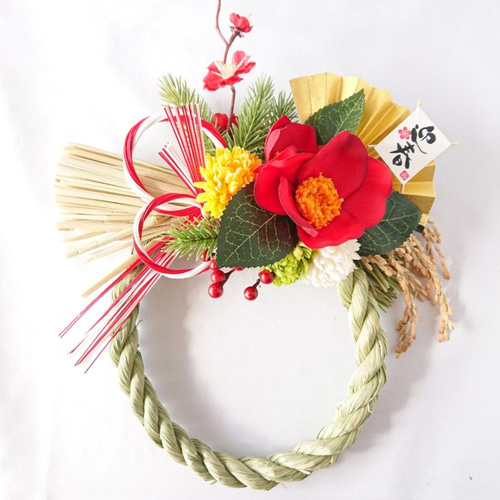 お正月飾り しめ縄飾り//紅椿と華やかマム しめ縄・しめ飾り