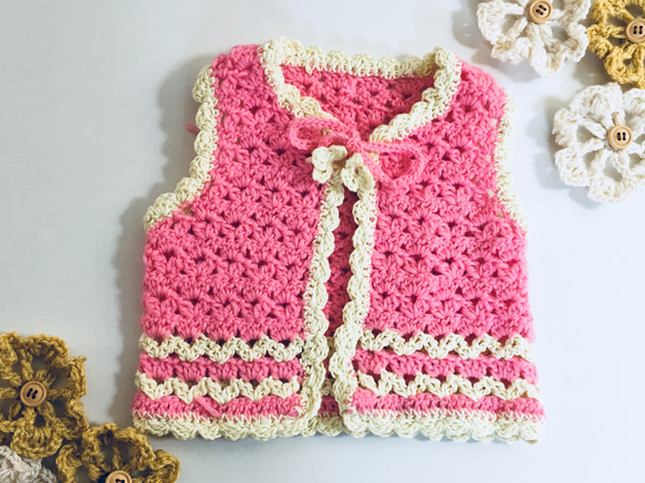 ハンドメイド　手編み　ベスト　レッド　ピンク ハンドメイド 手編み ベスト レッド ピンク