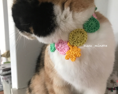 長毛猫ちゃんにも嬉しい♬コットン100％チョーカー 中央お花 ①
