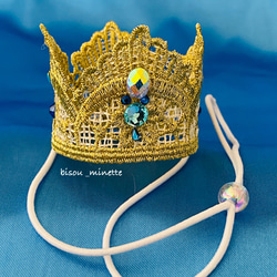 ねこ様ゴールドレース王冠⭐️あご紐付きねこ様被りもの♬③青ストーン 2枚目の画像