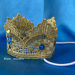 ねこ様ゴールドレース王冠⭐️あご紐付きねこ様被りもの♬③青ストーン 3枚目の画像