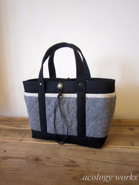 「wool tote」S　ブラック×ヘリンボーン 1枚目の画像