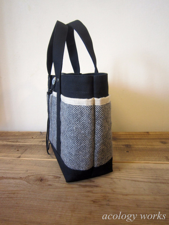 「wool tote」S　ブラック×ヘリンボーン 3枚目の画像